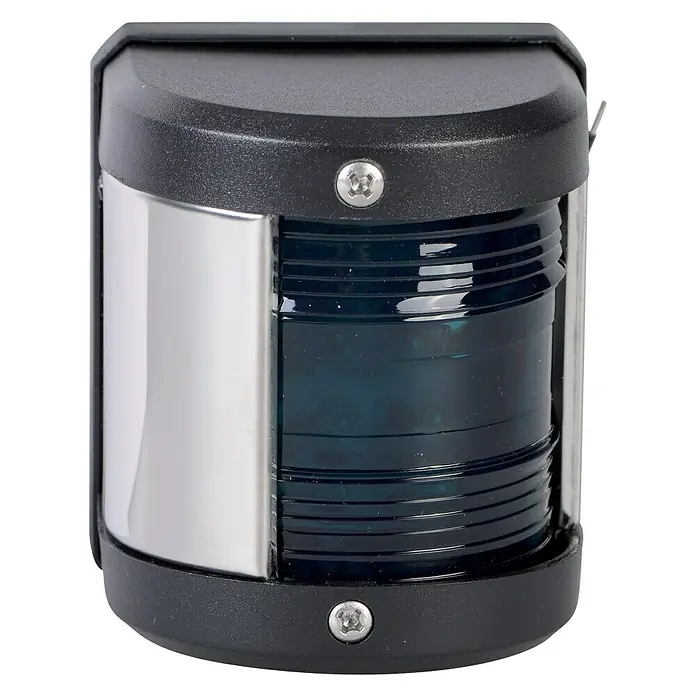 Talamex LED-Steuerbordlaterne - 55,5 x 64,4 x 75 mm, 12 V, 0,54 W, Schwarz, Lichtfarbe: Grün - Detailaufnahme einer Bootslaterne mit Edelstahlgehäuse und blauem Glas, befestigt mit zwei Schrauben.