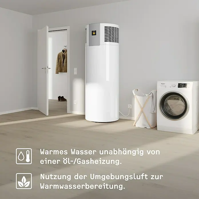 Stiebel Eltron Warmwasser-Wärmepumpe WWK 300 Sol electronic - Heizleistung: 1,3 kW - 1,6 kW, Fassungsvermögen: 291 l - Aufnahme einer Wärmepumpe für Warmwasserbereitung in einem Hauswirtschaftsraum neben einer Waschmaschine.