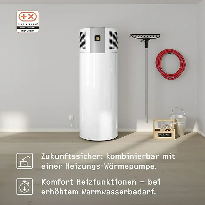 Stiebel Eltron Warmwasser-Wärmepumpe WWK 300 Sol electronic - Heizleistung: 1,3 kW - 1,6 kW, Fassungsvermögen: 291 l - Abbildung einer weißen Warmwasser-Wärmepumpe in einem Raum mit Gartengeräten und Text über ihre Eigenschaften.