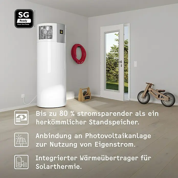 Stiebel Eltron Warmwasser-Wärmepumpe WWK 300 Sol electronic - Heizleistung: 1,3 kW - 1,6 kW, Fassungsvermögen: 291 l - Das Bild zeigt eine SG Ready Smart Heat Pump, die bis zu 80 % stromsparender ist. Ideal für Photovoltaik und Solarthermie.