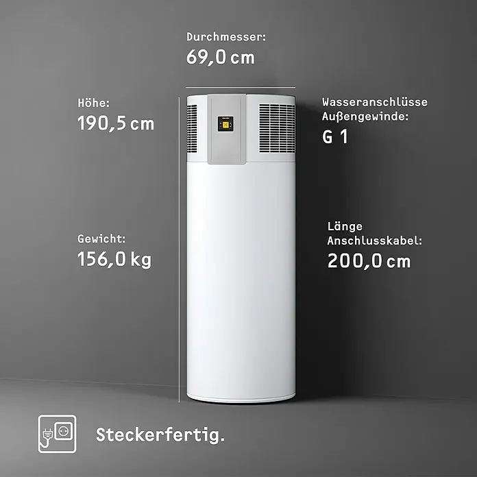 Stiebel Eltron Warmwasser-Wärmepumpe WWK 300 Sol electronic - Heizleistung: 1,3 kW - 1,6 kW, Fassungsvermögen: 291 l - Abbildung eines Warmwasserspeichers mit Angabe von Höhe, Durchmesser, Gewicht, Wasseranschlüsse und Kabellänge.