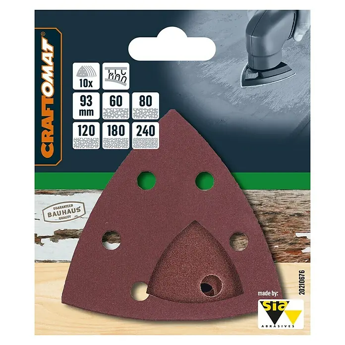 Craftomat Delta-Haftschleifscheiben Set - Länge: 93 mm, 10 Stk. - Nahaufnahme von Schleifpapier für Dreieckschleifer, 10 Stück, verschiedene Körnungen für Schleifarbeiten und Holzbearbeitung.