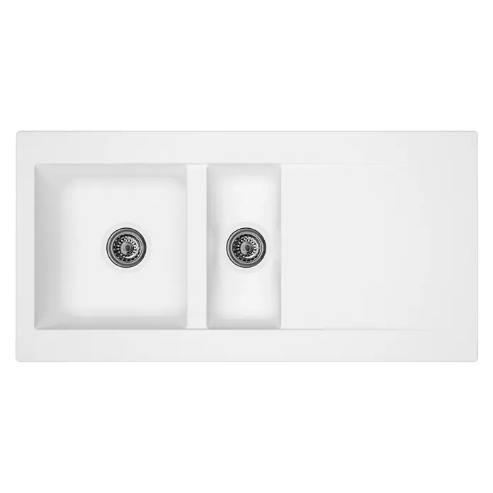 Respekta Fregadero encastrable Denver - 50 x 100 cm, Número de cubetas: 1,5 ud., Blanco - Un fregadero de cocina blanco moderno con dos cubetas y escurridor. ¡Perfecto para cualquier cocina!