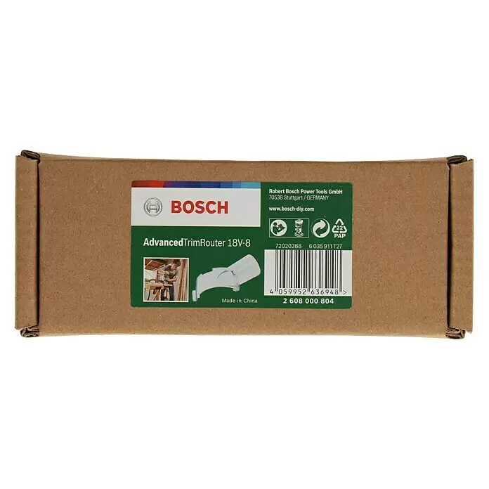 Bosch Absaugadapter für Oberfräsen - Passend für: Bosch Power for All 18V Akku-Kantenfräser AdvancedTrimRouter 18V-8 - Brauner Karton für Bosch AdvancedTrimRouter 18V-8, mit Branding, Produktdetails und Barcode.