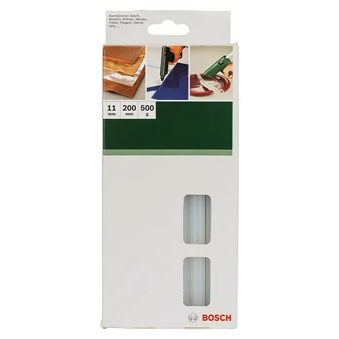 Bosch Klebepatronen Ultra Qualität - Transparent, Durchmesser Klebepatrone: 11 mm - Produktverpackung für Bosch-Klebestifte mit Angaben zu Größe und Gewicht, dargestellt durch Anwendungsbeispiele und Logos.