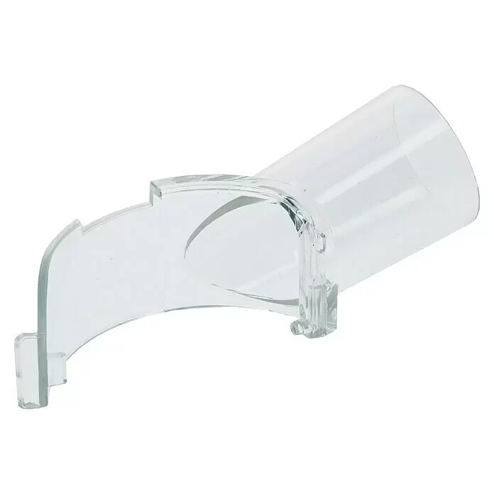 Bosch Absaugadapter für Oberfräsen - Passend für: Bosch Power for All 18V Akku-Kantenfräser AdvancedTrimRouter 18V-8 - Klares, transparentes Kunststoff-Zubehörteil, trichterförmig, mit einer weiten zylindrischen Öffnung und einem gebogenen, schmaleren Auslauf.