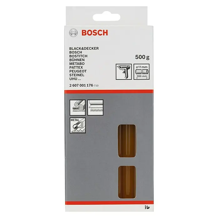 Bosch Klebepatronen - Gelb, Durchmesser Klebepatrone: 11 mm - Abbildung der Verpackung von Bosch Heißklebesticks, 11 mm Durchmesser, 200 mm Länge, 500 g Gewicht, geeignet für verschiedene Materialien.