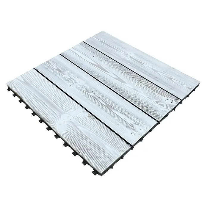 Klickfliese Smartdeck - Kiefer, 60 x 60 x 2,5 cm, Thermo White, 1 Stk. - Quadratische, weiß getünchte Terrassenfliese aus Holz mit sichtbarer Holzstruktur und schwarzem Gitter für eine einfache Verlegung im Außenbereich.