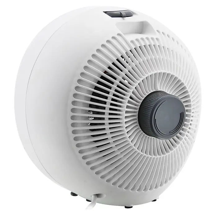 Voltomat HEATING Heizlüfter Globe - 1.000 W - 2.000 W, Grau - Nahaufnahme eines weißen, runden Tischventilators mit einem Drehknopf zur Geschwindigkeitsregulierung.