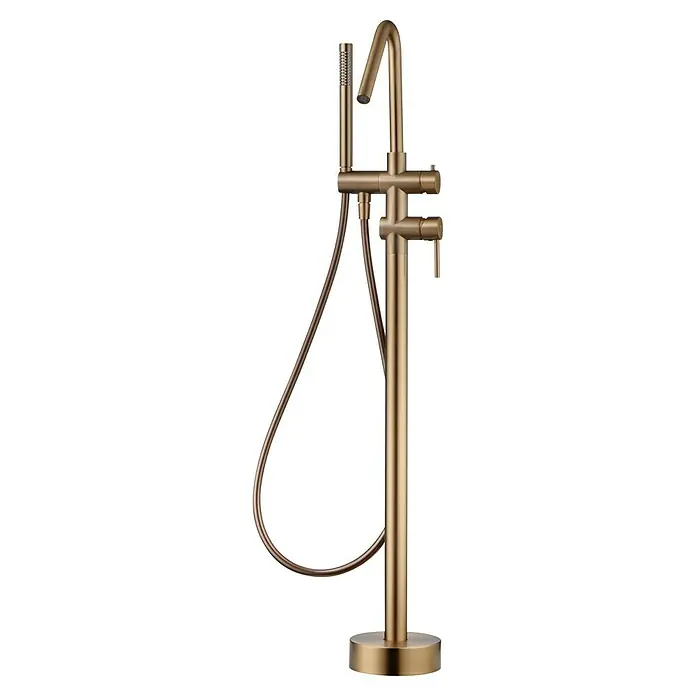 Camargue Natur Grifo para bañera - Oro rosa - Grifo de bañera de pie en oro cepillado con teleducha y mangueras flexibles para diseños de baño modernos.