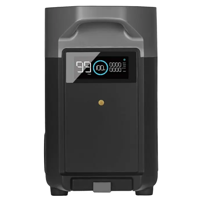 EcoFlow Batería extra Delta Pro - 75 Ah, Negro - Representación de una central eléctrica EcoFlow negra con una gran pantalla que muestra diversa información.