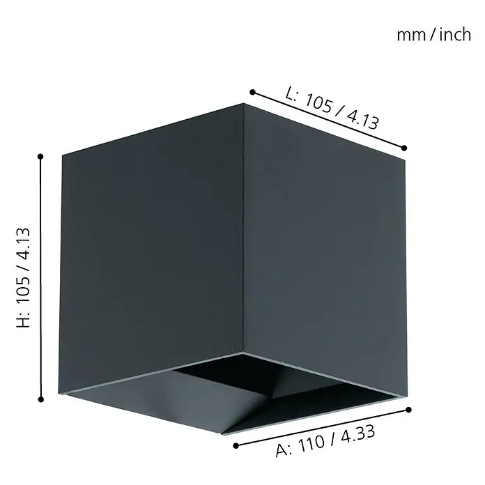 Eglo Aplique exterior LED Calpino - 6,6 W, 10,5 x 10,5 x 10,5 cm, Antracita, IP54 - Imagen de una lámpara de pared cúbica negra con dimensiones 105 x 105 x 110 mm. La lámpara tiene un fondo abierto con un inserto triangular.