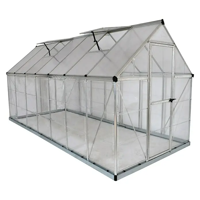 Palram – Canopia Gewächshaus Hybrid - Außenmaß inkl. Dachüberstand (B x T): 185 x 426 cm, 0,7 mm, Silber - Aufnahme eines Gewächshauses mit Aluminiumrahmen und transparenten Paneelen, ideal für Gartenliebhaber.