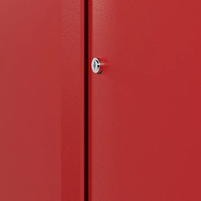 Küpper Werkstatt-Hochschrank - L x B x H: 45 x 91 x 180 cm, Anzahl Türen: 2 Stk. - Nahaufnahme eines roten Metallschranks mit einem silbernen Schloss, das die Sicherheit des Inhalts gewährleistet.\n