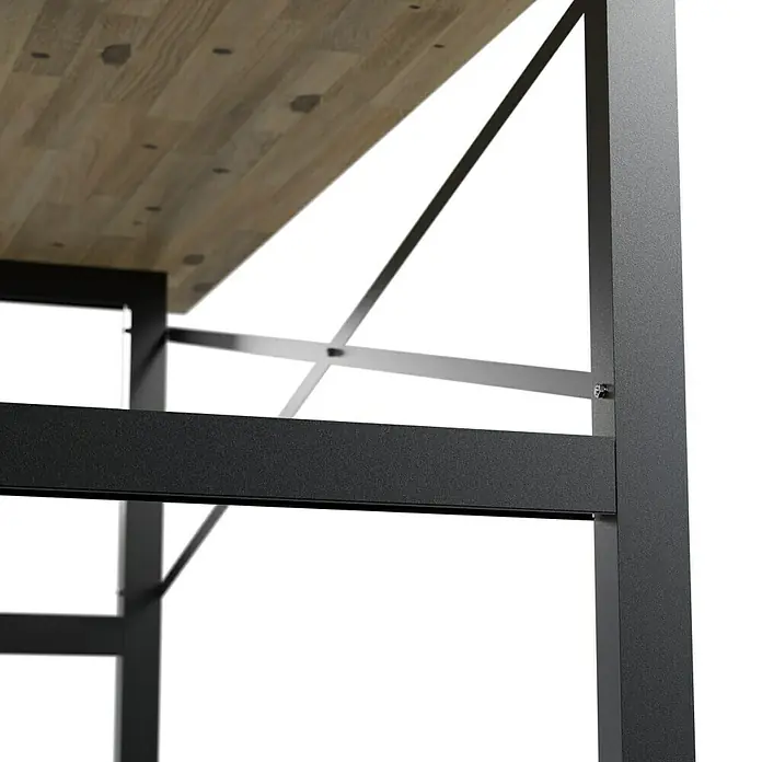 Werkbank - L x B: 165 x 60 cm, Arbeitshöhe: 85 cm, Belastbarkeit: 200 kg - Nahaufnahme eines Tisches mit Holzplatte und robustem Metallgestell, das Stabilität und modernes Design vereint.