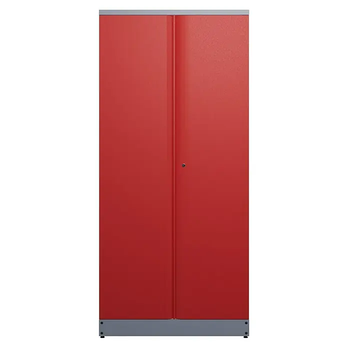 Küpper Werkstatt-Hochschrank - L x B x H: 45 x 91 x 180 cm, Anzahl Türen: 2 Stk. - Ein roter Metallschrank mit zwei Türen und einem silbernen Rahmen. Er bietet viel Stauraum und ist ideal für Werkstatt oder Garage.
