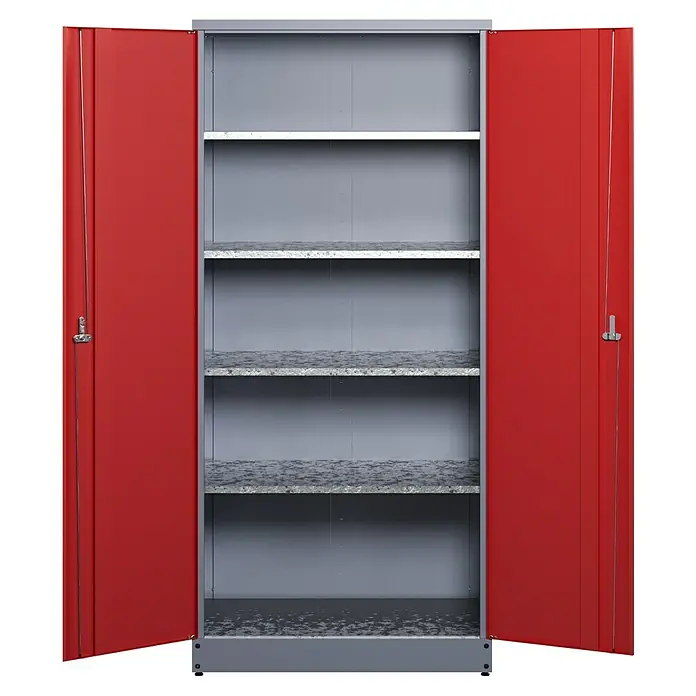 Küpper Juego de banco de trabajo + armario de taller - Rojo/Gris plata, 2 pzs. - Un armario de acero rojo abierto con estantes grises. Mucho espacio de almacenamiento para taller, almacén u oficina.