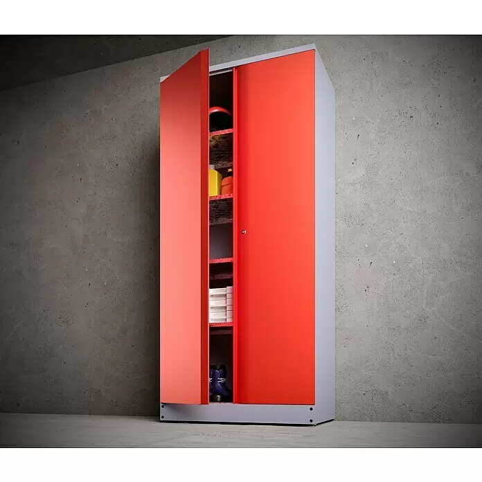 Küpper Werkstatt-Hochschrank - L x B x H: 45 x 91 x 180 cm, Anzahl Türen: 2 Stk. - Orange-grauer Metallschrank mit offener Tür, zeigt Fächer mit Stiefeln und Flaschen, vor Betonwand.