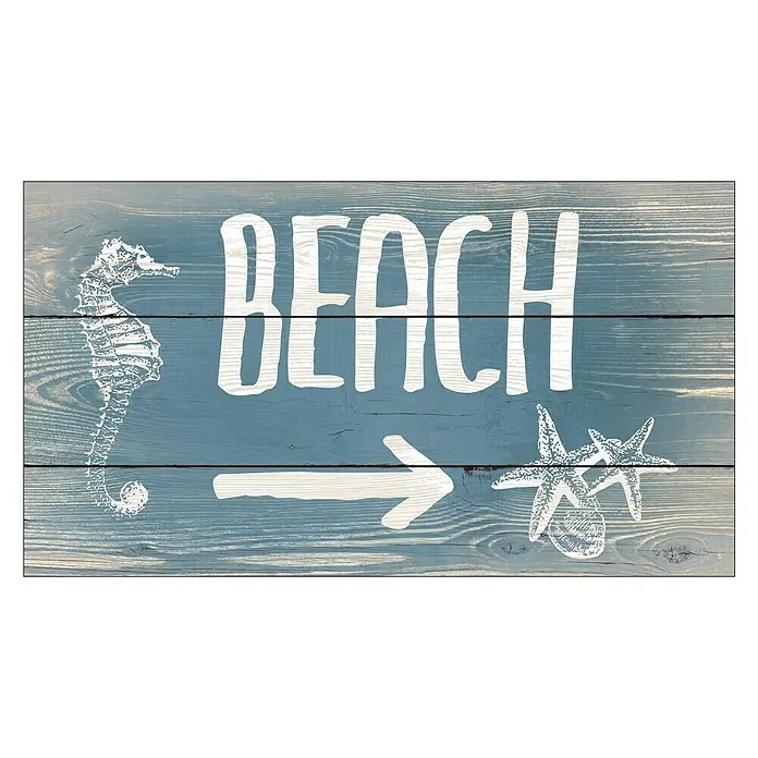 ProArt Type Hype Decopanel - Beach, B x H: 30 x 15 cm - Dekoratives Holzschild mit dem Aufdruck "Beach", einem Seepferdchen und einem Pfeil zu zwei Seesternen für eine maritime Atmosphäre.