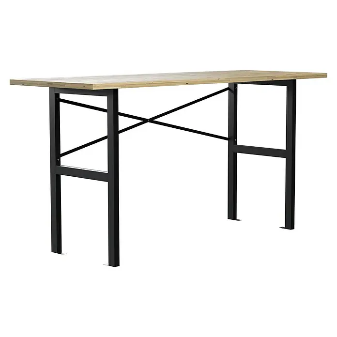 Werkbank - L x B: 165 x 60 cm, Arbeitshöhe: 85 cm, Belastbarkeit: 200 kg - Ein Stehtisch mit einer hellen Holzplatte und einem robusten, schwarzen Metallgestell. Ideal für Partys oder den professionellen Einsatz.