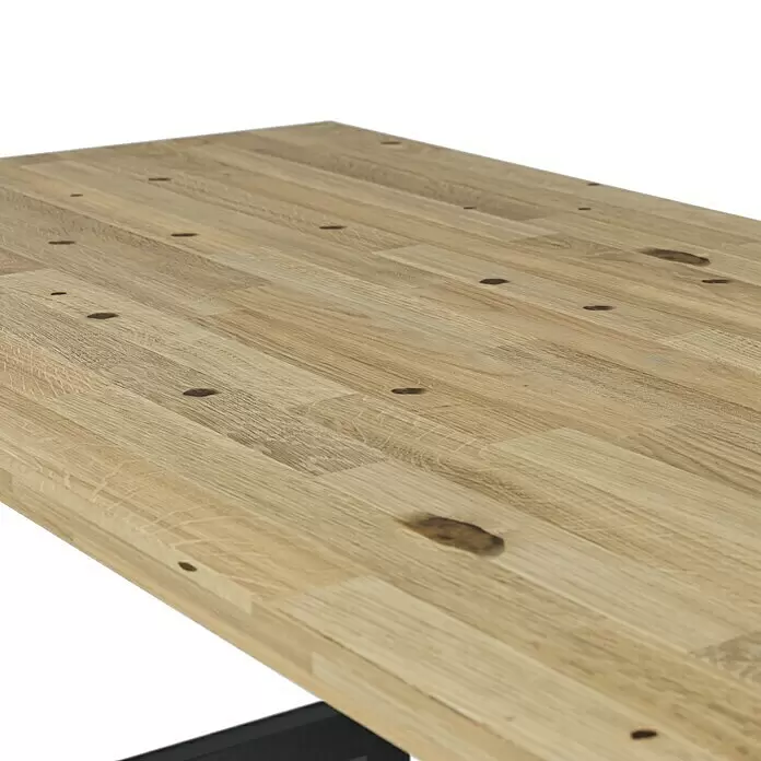 Werkbank - L x B: 165 x 60 cm, Arbeitshöhe: 85 cm, Belastbarkeit: 200 kg - Helle Holz-Tischplatte mit natürlicher Holzmaserung und dunklen Ästen.