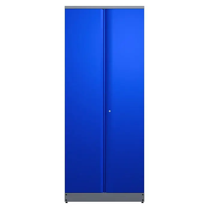 Küpper Werkstatt-Hochschrank - L x B x H: 53 x 91 x 204 cm, Anzahl Türen: 2 Stk. - Blauer Metallschrank mit silbergrauem Rahmen und einem kleinen Schloss in der Mitte der Doppeltür. Stabil und sicher für Lagerung.