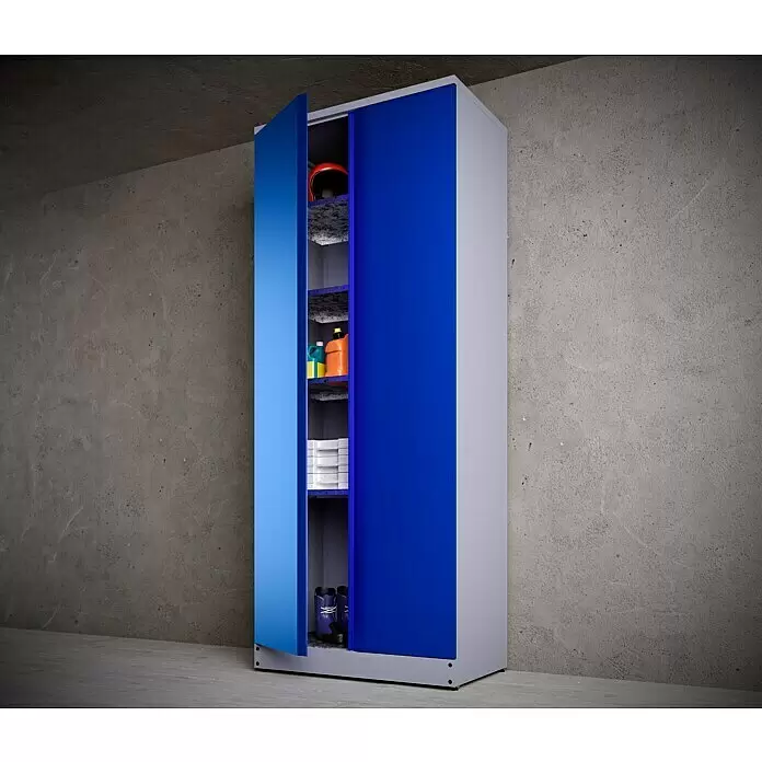 Küpper Werkstatt-Hochschrank - L x B x H: 53 x 91 x 204 cm, Anzahl Türen: 2 Stk. - Hoher blauer und grauer Lagerschrank mit offener Tür, der einen roten Helm, Flaschen und Schuhe auf Regalen zeigt.