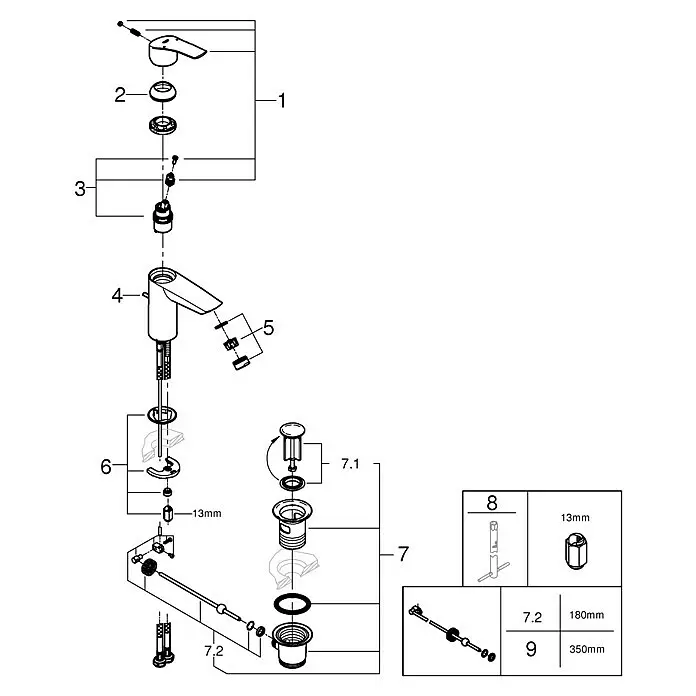 Grohe QuickFix Grifo de lavabo - Cromo, Brillante - Diagrama explosionado de un grifo monomando de baño y desagüe, que muestra todos los componentes para instalación y mantenimiento.