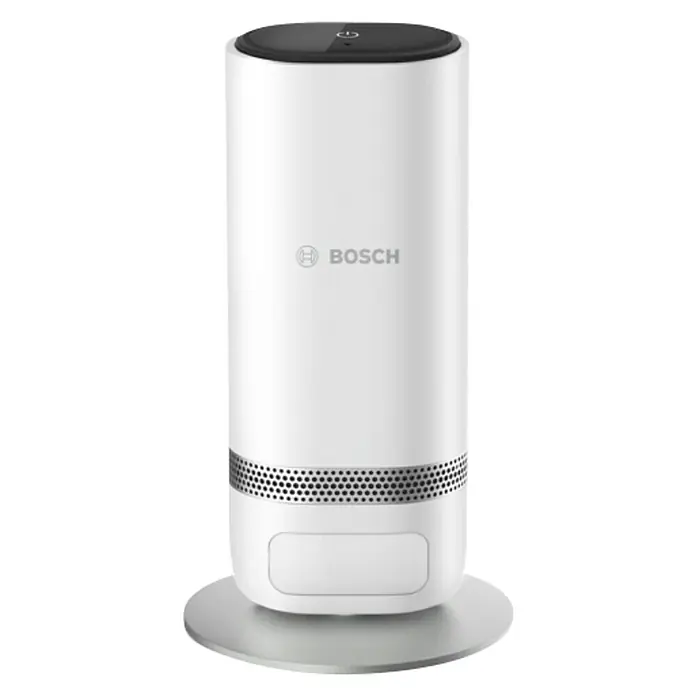 Bosch Smart Home Innenkamera Eyes II - Netzbetrieben, L x B x H: 160 x 72 x 160 mm, 1.920 x 1.080 Pixel (Full HD), Reichweite Funk: 0 m - 99 m - Abbildung eines Bosch Smart Home Rauchmelders mit einem stilvollen, modernen Design in Weiß und Schwarz.