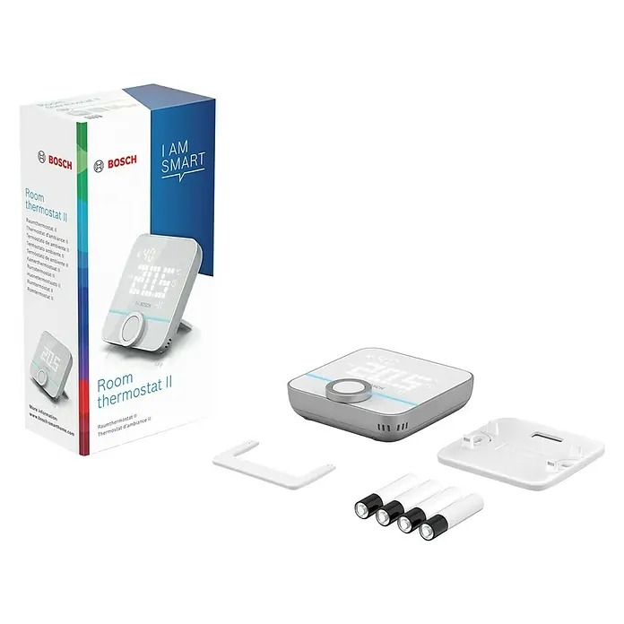 Bosch Smart Home Raumthermostat II - Weiß, Silber, L x B x H: 87 x 86 x 35 mm - Bosch Raumthermostat II mit Verpackung, Batterien und Zubehör.