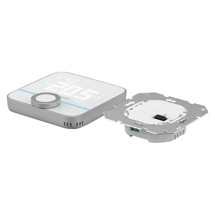 Bosch Smart Home Raumthermostat II Fußbodenheizung - 230 V, LED-Display, L x B x H: 35 x 86 x 87 mm - Das Bild zeigt eine Bosch Smart Home Thermostat, bestehend aus zwei Teilen: dem eigentlichen Thermostat und einer Montageplatte.