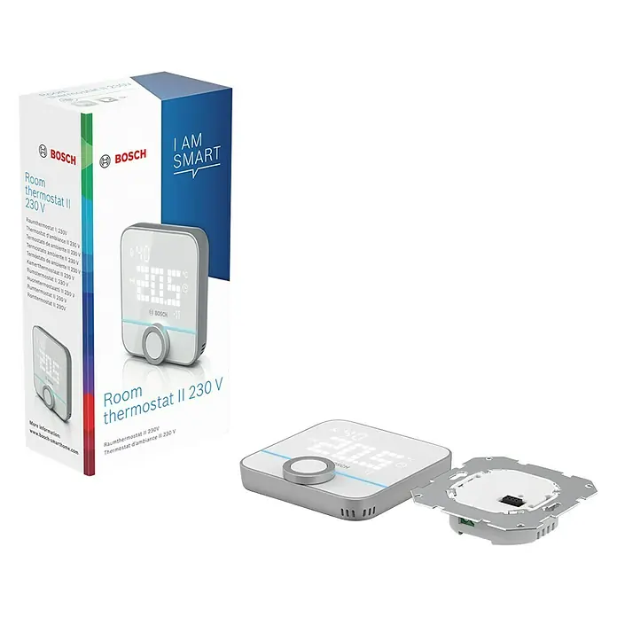 Bosch Smart Home Raumthermostat II Fußbodenheizung - 230 V, LED-Display, L x B x H: 35 x 86 x 87 mm - Bosch Room Thermostat II 230 V mit Verpackung und Montageplatte. Der Thermostat zeigt eine Temperatur von 20.5 °C an.