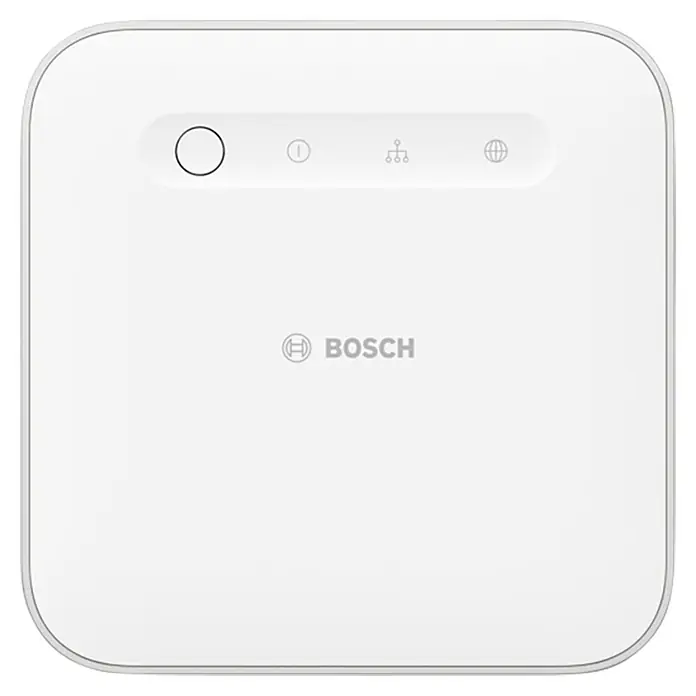 Bosch Smart Home Controller II - ZigBee 3.0, Weiß/Silber - Weiße Bosch Smart Home Zentrale mit runden Ecken und vier Symbolen auf der Oberseite für eine einfache Bedienung.