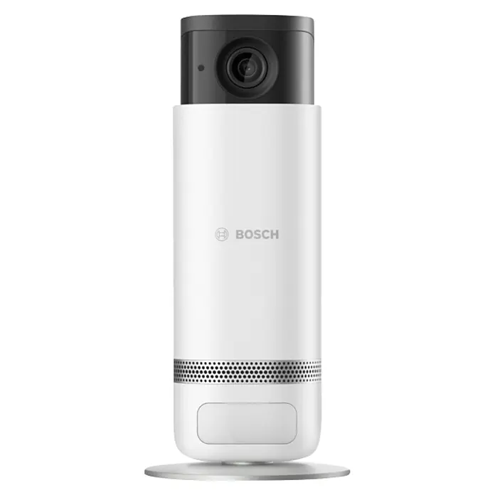 Bosch Smart Home Innenkamera Eyes II - Netzbetrieben, L x B x H: 160 x 72 x 160 mm, 1.920 x 1.080 Pixel (Full HD), Reichweite Funk: 0 m - 99 m - Frontalansicht einer Bosch Smart Home Kamera in Weiß mit schwarzer Oberseite, die eine hochwertige Überwachung für Ihr Zuhause bietet.
