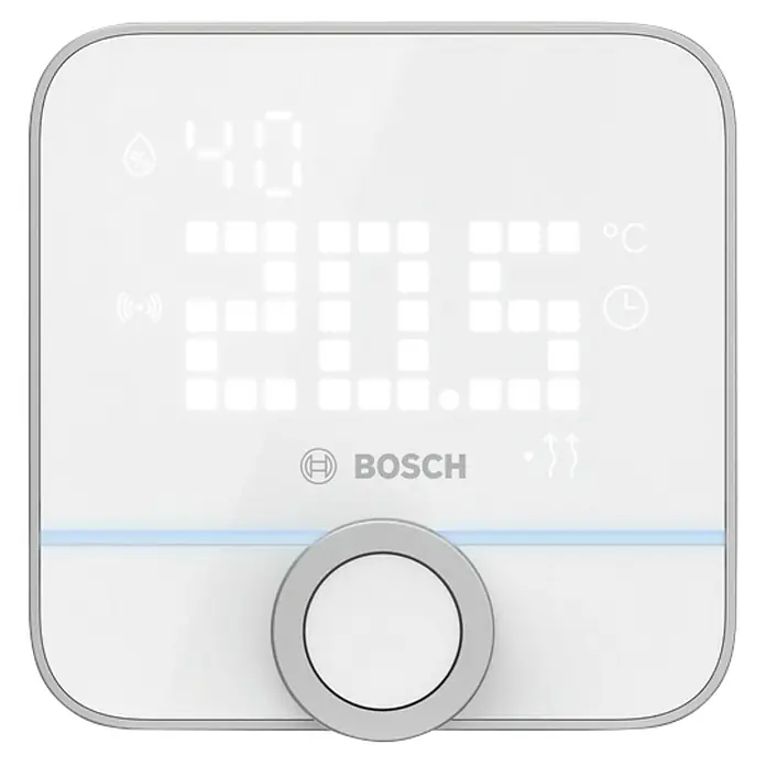 Bosch Smart Home Raumthermostat II - Weiß, Silber, L x B x H: 87 x 86 x 35 mm - Nahaufnahme eines Bosch Smart Home Thermostats mit digitaler Anzeige von Temperatur und Luftfeuchtigkeit.