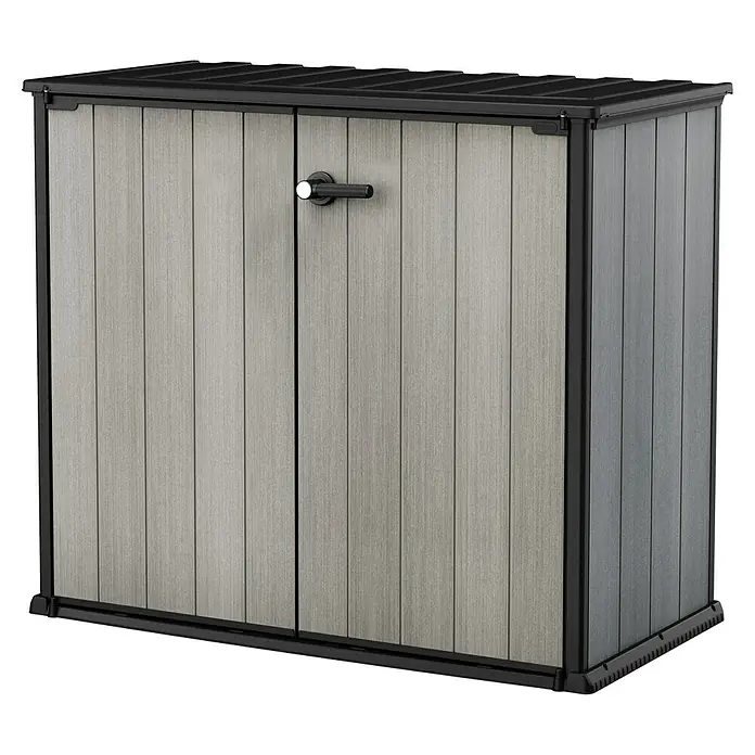 Keter Truhe Patio Store - L x B x H: 73,6 x 140 x 120 cm, Grau - Ein grauer Gartenschrank mit Doppeltüren und einem schwarzen Griff bietet zusätzlichen Stauraum im Außenbereich.