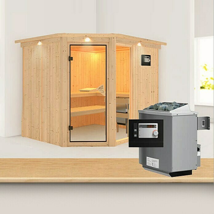 Karibu Systemsauna Fiona 3 (Mit Saunaofen 9 kW inkl. Steuerung Easy, Mit Dachkranz und Beleuchtung, 196 x 231 x 198 cm)