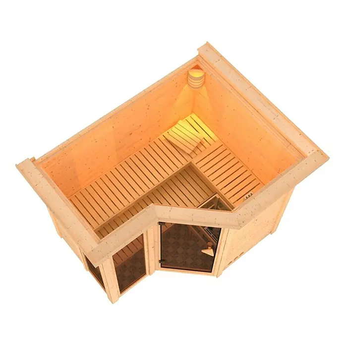 Karibu Massivholzsauna Amara - Mit 9 kW Bio-Ofen mit externer Steuerung, Mit Dachkranz und Beleuchtung, L x B x H: 264 x 198 x 200 cm - Luftaufnahme einer Ecksauna aus Holz mit Sitzbänken und Glastür, die Entspannung und Wellness verspricht.