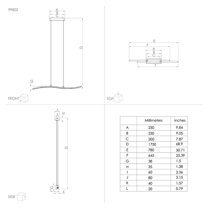 Eglo Lejias LED-Pendelleuchte - 21,5 W, L x B x H: 78 x 8 x 175 cm, Schwarz, Warmweiß - Abbildung des Produkts 99802 mit Bemaßungen und Ansichten von vorne, von der Seite und von oben, zusammen mit einer Tabelle der Maßangaben.