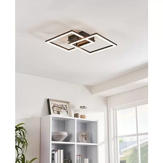 Eglo Lejias LED-Deckenleuchte - 21 W, B x L: 45 x 45 cm, Schwarz, Warmweiß - Moderne LED-Deckenleuchte mit zwei überlappenden schwarzen quadratischen Rahmen und integrierter Kristalloptik-Beleuchtung.