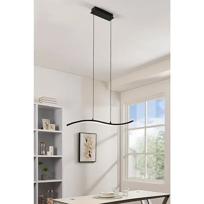 Eglo Lejias LED-Pendelleuchte - 21,5 W, L x B x H: 78 x 8 x 175 cm, Schwarz, Warmweiß - Moderne LED-Hängeleuchte mit geschwungenem Design, ideal für Esszimmer oder Wohnbereich. Elegante Beleuchtung für stilvolle Interieurs.
