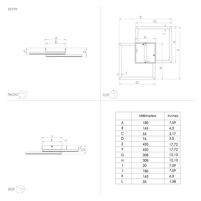 Eglo Lejias LED-Deckenleuchte - 21 W, B x L: 45 x 45 cm, Schwarz, Warmweiß - Produktansicht mit Abmessungen in Millimetern und Zoll. Technische Zeichnung des Artikels mit Größenangaben zur besseren Visualisierung.