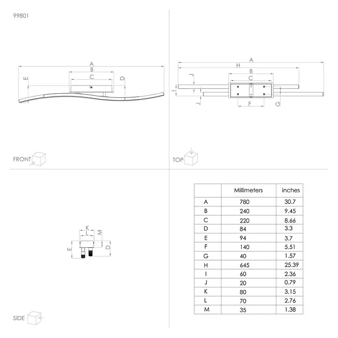 Eglo Lejias LED-Deckenleuchte - 21,5 W, B x L: 8 x 78 cm, Schwarz, Warmweiß - Produktbild mit technischen Zeichnungen des Produkts und Bemaßungen in Millimetern und Zoll.