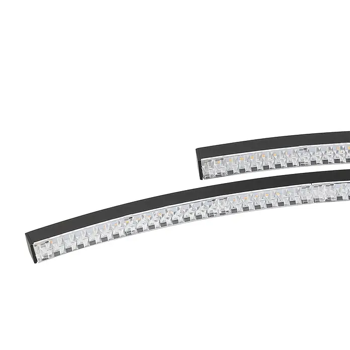 Eglo Lejias LED-Deckenleuchte - 21,5 W, B x L: 8 x 78 cm, Schwarz, Warmweiß - Nahaufnahme von gebogenen LED-Leuchtstreifen mit schwarzem Rahmen auf einem weißen Hintergrund. Moderne Beleuchtungslösung für stilvolle Innenräume.