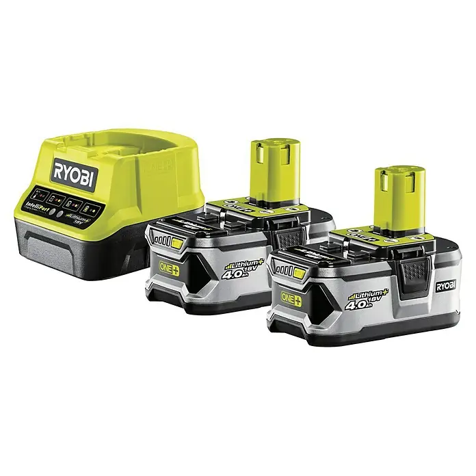 Ryobi ONE+ Akku-Rasenmäher RY18LMX40A-240 - 18 V, 2 Akkus, 4 Ah, Schnittbreite: 40 cm - Ryobi ONE+ Akkuladegerät mit zwei 4.0Ah Lithium+ Akkus.