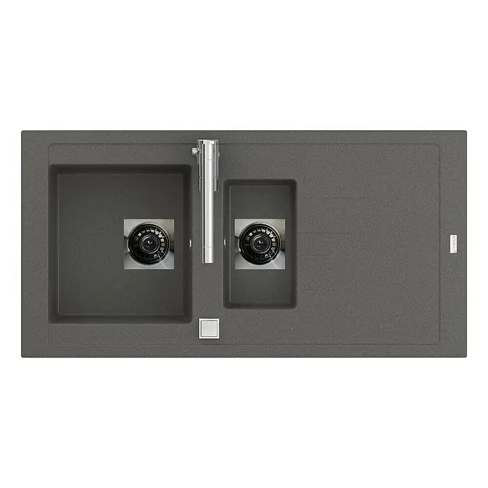 Carea Einbauspüle Tango - 98 x 50 cm, Material Spüle: CAREAgranit®, Betongrau - Eine moderne, anthrazitfarbene Küchenspüle mit zwei Becken und einem eleganten Wasserhahn für stilvolle Küchen.