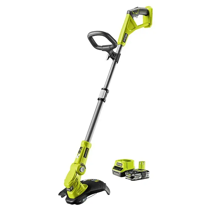Ryobi ONE+ Akku-Rasentrimmer RLT183225F - 18 V, 2,5 Ah, Li-Ionen, 1 Akku - Das Bild zeigt einen Ryobi Akku-Rasentrimmer mit einem Akku, der sich ideal für die Rasenpflege und das Trimmen von Rasenkanten eignet.