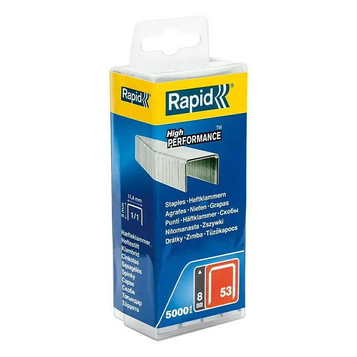 Rapid Heftklammer High Performance 53/8 - Klammertiefe: 8 mm, Stahl, 5.000 Stk., Breite: 0,75 mm, Blisterpack - Eine Packung Rapid-Hochleistungs-Heftklammern, Typ 53, mit 8 mm Schenkellänge und 5000 Stück Inhalt.