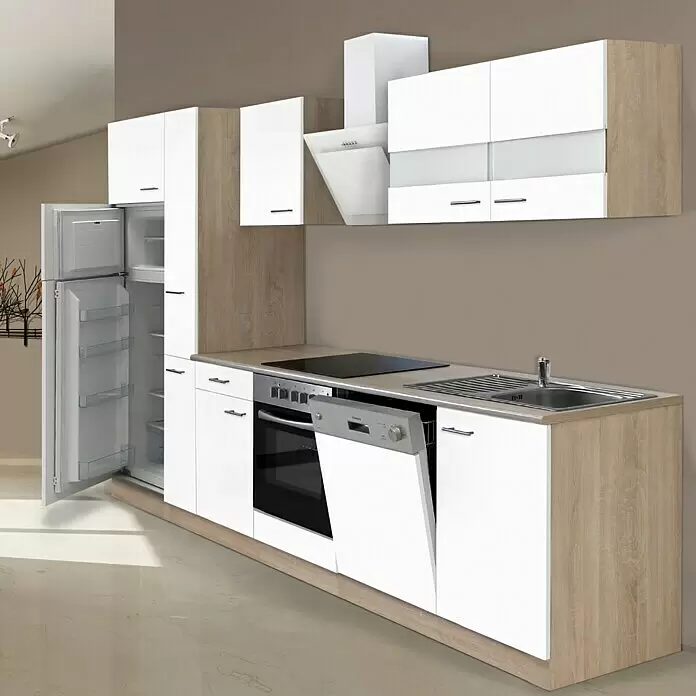 Respekta Composición de cocina Merle - Ancho: 310 cm, Blanco, Con electrodomésticos, Volumen horno: 72 l - Mueble de cocina moderno en blanco y madera clara con nevera, horno, lavavajillas, placa y fregadero integrados.