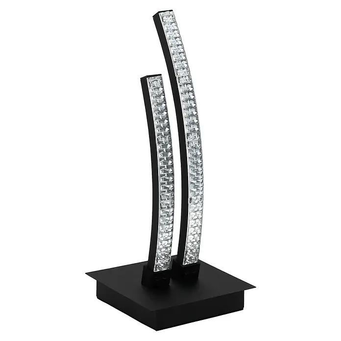 Eglo Lejias LED-Tischleuchte - 8 W, Schwarz, Warmweiß - Elegante Tischleuchte mit schwarzem Sockel und zwei gebogenen Lichtelementen, die mit funkelnden Kristallen besetzt sind.